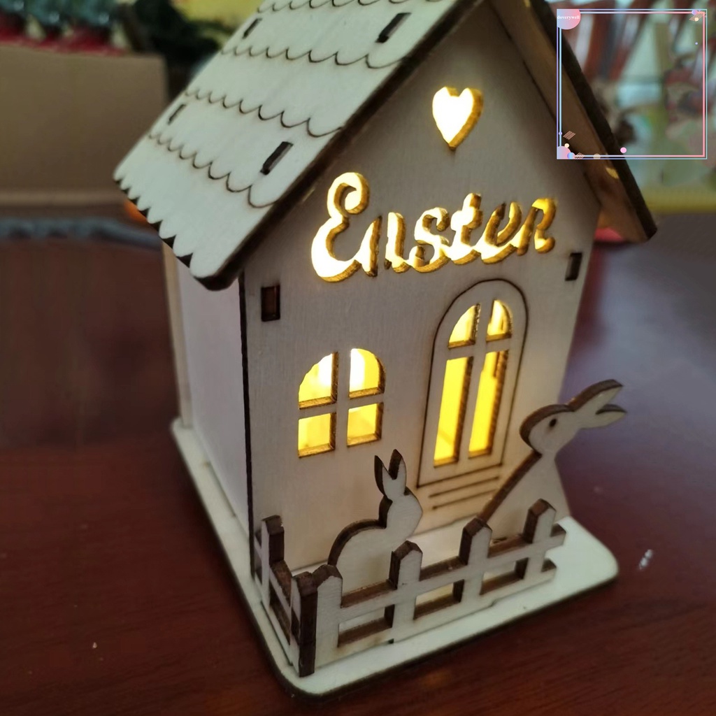 [DDJ] Ngôi Nhà Gỗ Thiết Kế Cạnh Mịn Tiết Kiệm Năng Lượng Có Đèn LED Treo Trang Trí Nhà Cửa Phục Sinh