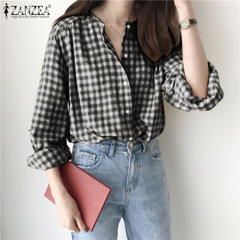 ZANZEA Áo Sơ Mi Nữ Tay Dài Phồng Cổ Tròn Họa Tiết Caro Thời Trang Phong Cách Hàn Quốc