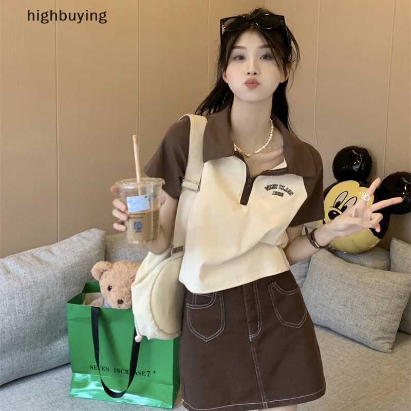 Áo Thun Lửng Tay Ngắn Màu Sắc Tương Phản Phong Cách Retro Cho Nữ