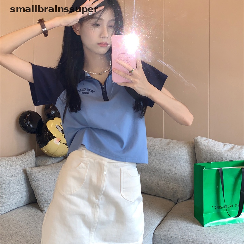 Áo Thun Croptop Tay Ngắn Màu Sắc Tương Phản In Chữ Phong Cách Retro Mỹ Cho Nữ