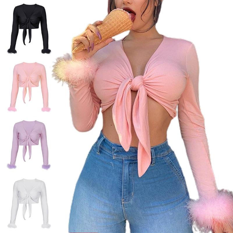 Áo Croptop Tay Dài Cổ Chữ V Phối Lông Thời Trang Quyến Rũ Cho Nữ