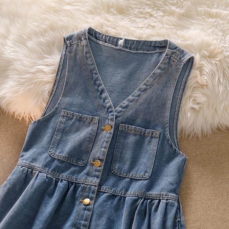 Bộ Áo Sơ Mi Phối Chân Váy Yếm Denim Thời Trang Mùa Hè 2023 Cho Bé Gái 5-6 - 7-8 - 9-10 - 11-12 - 13-14 - 15 Tuổi