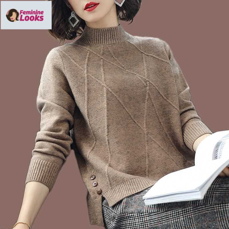 Áo Sweater Dệt Kim Cổ Lọ Form Rộng Phong Cách Hàn Quốc