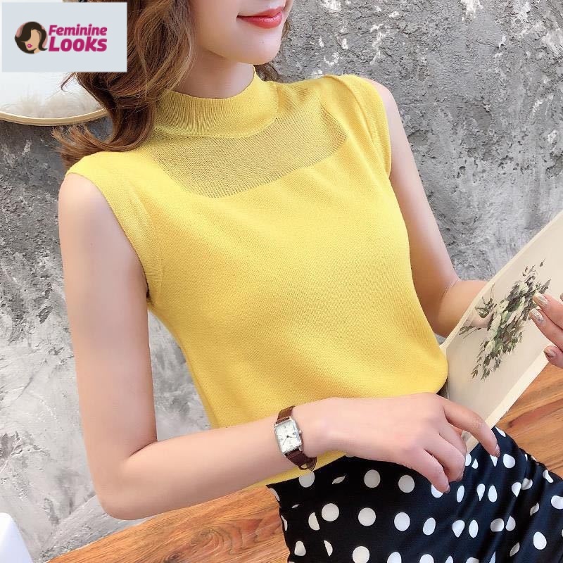 Áo Dệt Kim Sát Nách Cổ Cao Vải Lụa Lạnh Thoải Mái