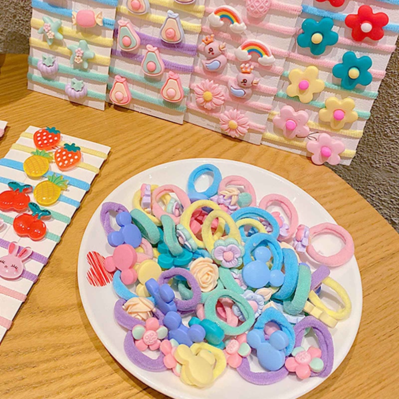 Set 10 Dây Cột Tóc Co Giãn Đính Hoa / Trái Cây Hoạt Hình Dễ Thương Cho Bé Gái