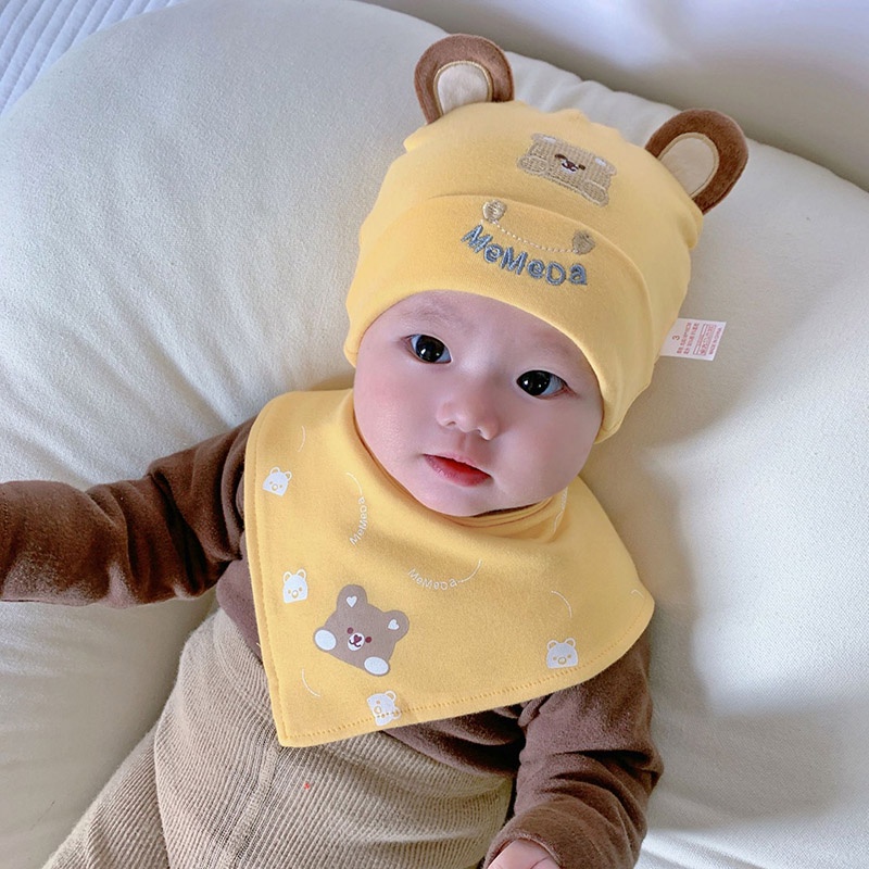 Set 2 Yếm Ăn Bằng Cotton Mềm Mại Hình Tam Giác Kèm Nón In Họa Tiết Gấu Dễ Thương Cho Bé Sơ Sinh 0-12 Tháng Tuổi