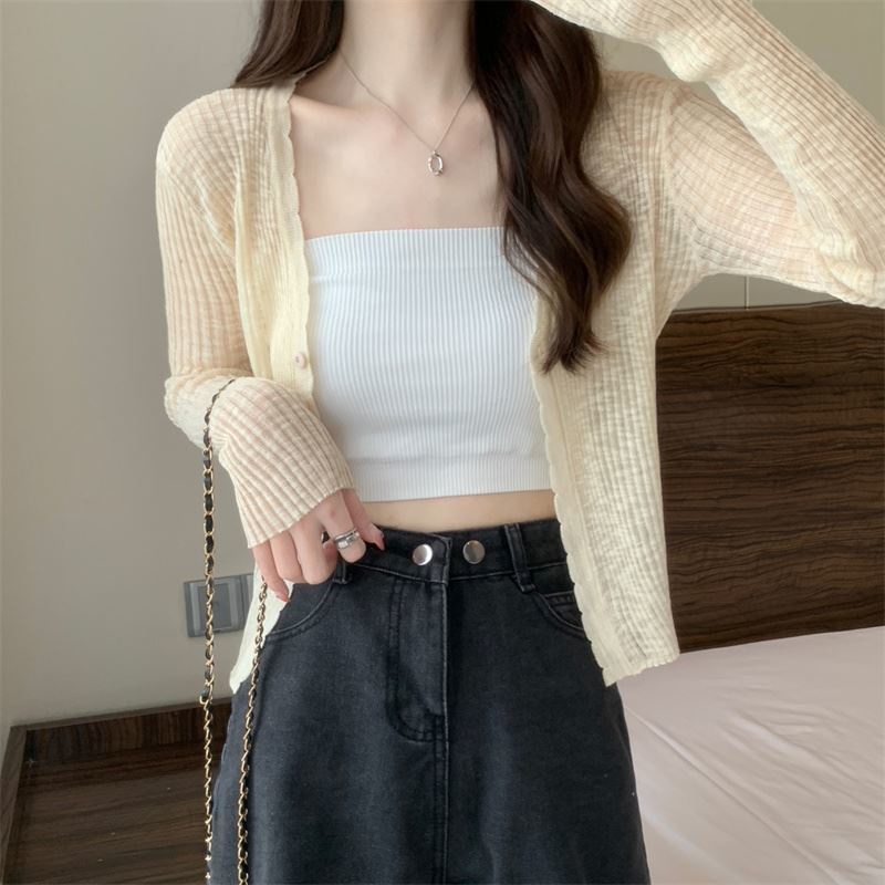 Áo Khoác Cardigan Dệt Kim Tay Dài Cổ Chữ V Màu Sắc Trơn Thời Trang Mùa Hè 2023 Cho Nữ