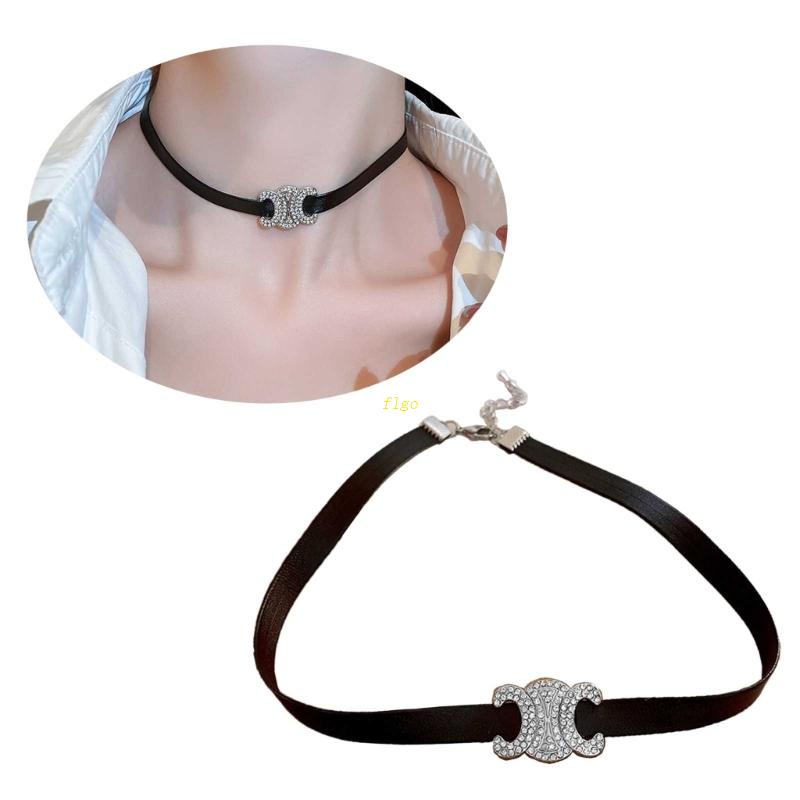 Vòng Cổ Choker Da Đen Đính Đá Điều Chỉnh Được Phong Cách Punk Cá Tính