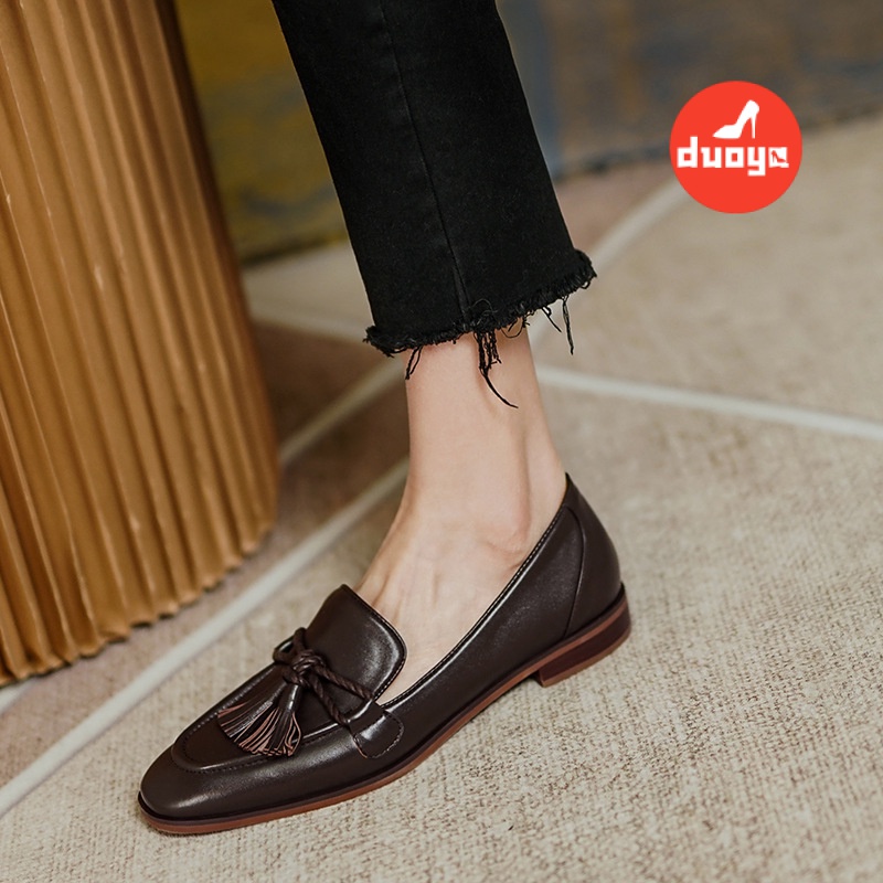 Giày Da Mũi Tròn Phối Tua Rua Phong Cách Anh Quốc Thời Trang Cho Nữ