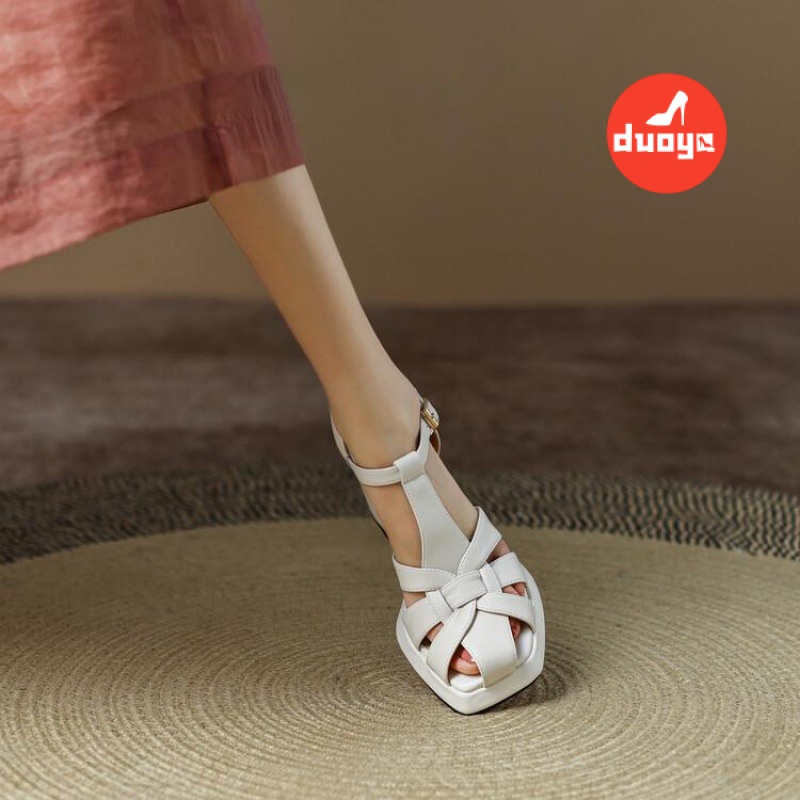 Duoya Tóc Thẳng ~ [Hàng Có Sẵn] Giày Sandal Đế Dày Phẳng Cao Hở Ngón Mùa Hè Phong Cách Hong Kong Cho Nữ