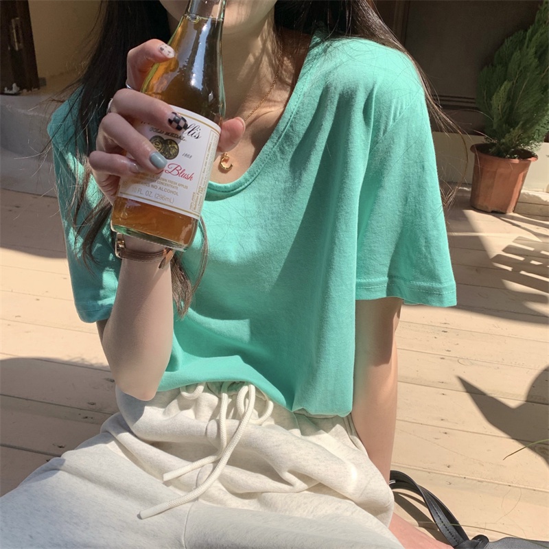 Áo Thun Ngắn Tay Cổ Chữ V Màu Sắc Đơn Giản Thoải Mái