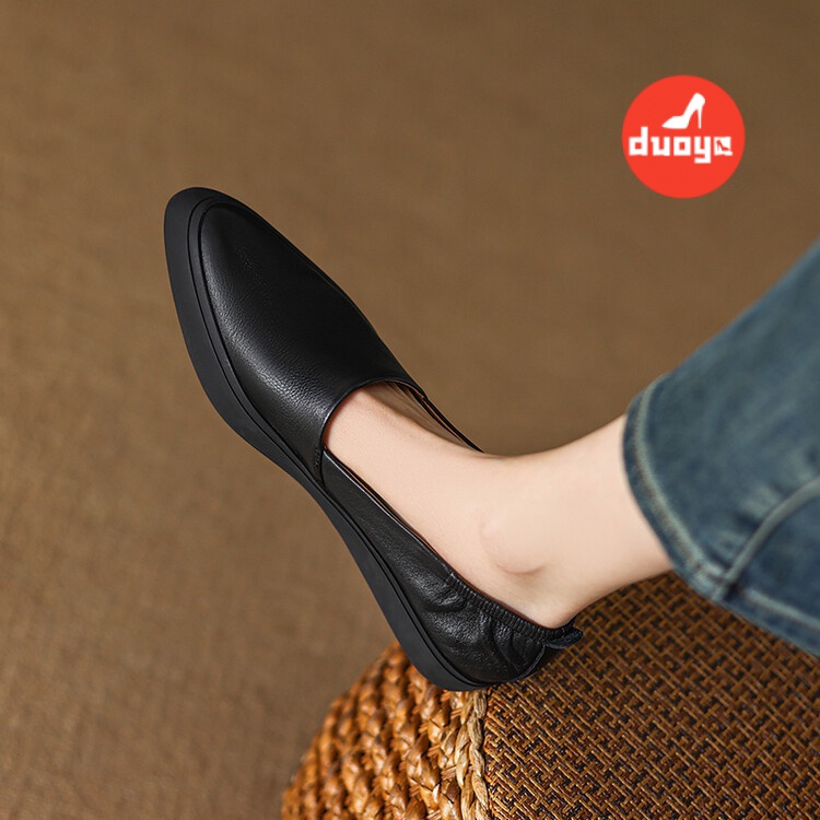 Duoya Tóc Thẳng ~ [Hàng Có Sẵn] Giày Búp Bê Da Mềm Mũi Nhọn Miệng Phẳng Dày Dặn Co Giãn Sang Trọng Cho Bà Ngoại Giao Hàng Miễn Phí