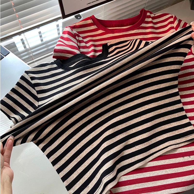 Áo Thun Cotton Ngắn Tay Họa Tiết Kẻ Sọc Màu Trơn Mẫu Mới 2023 Thời Trang Mùa Hè Cho Nữ
