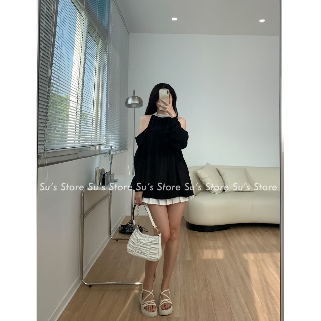 Áo sơ mi voan khoét vai dây buộc nơ A2731 SUSTORE
