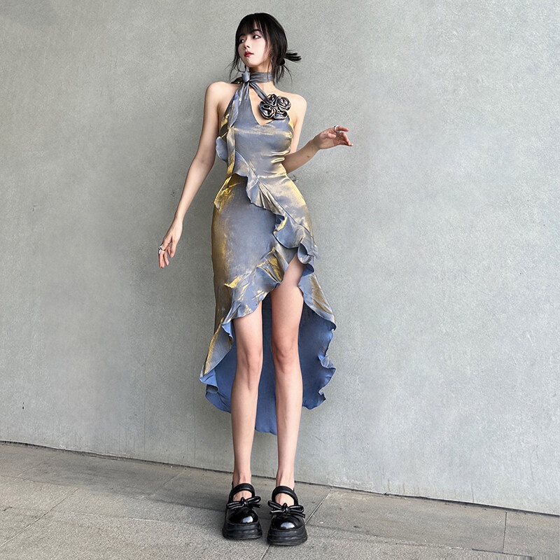 Kliou 2023 Mới Y2K Đầm Midi Dáng Chữ A Xếp Ly Viền Hoa Thanh Lịch Nóng Bỏng