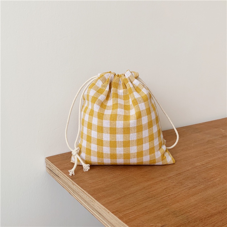 Túi Dây Rút Vải Lanh Cotton Họa Tiết Sọc Caro Đơn Giản