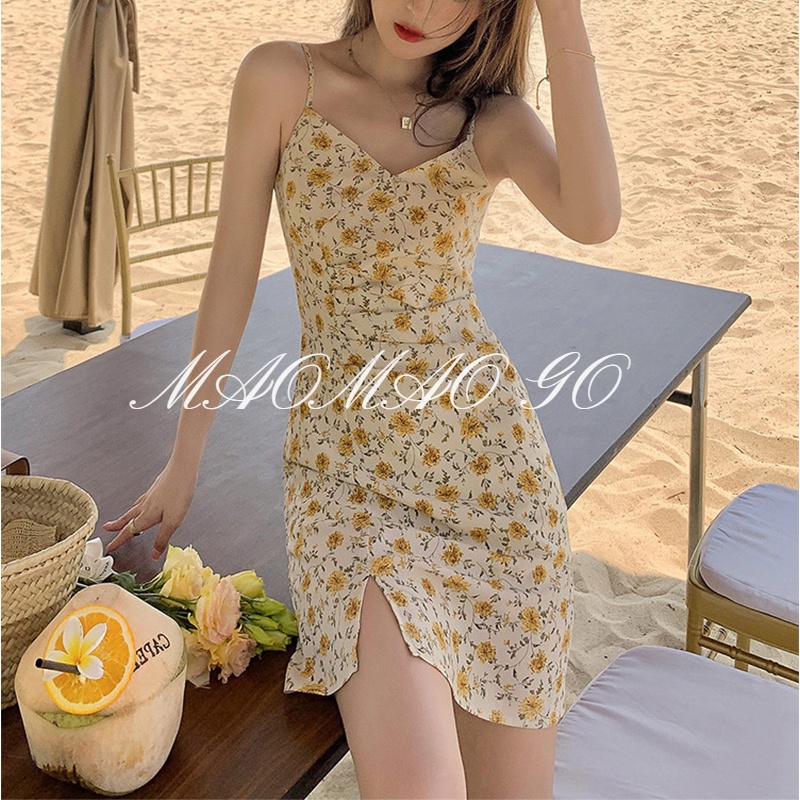 Maomao GO Đầm Ngắn Hai Dây Cổ Chữ V Xẻ Tà Nhỏ Màu Vàng Hoa Phong Cách Pháp Nhẹ Nhàng Ngọt Ngào Màu Cam Thân Ngọt Ngào Dành Cho Bạn Nữ