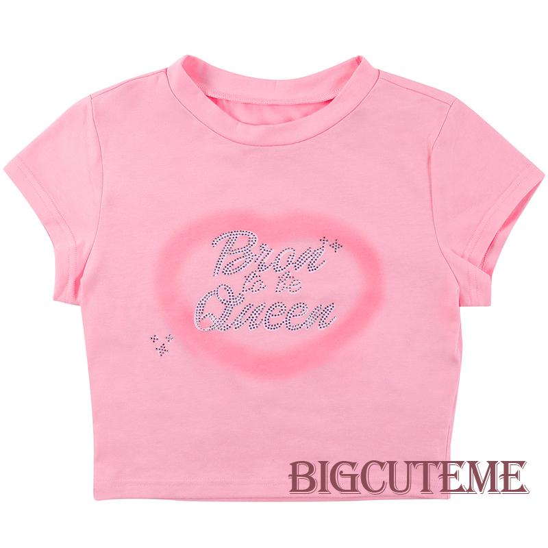 Áo Thun Crop Top Tay Ngắn In Chữ Đính Đá Phong Cách Thời Trang Đường Phố Cho Nữ