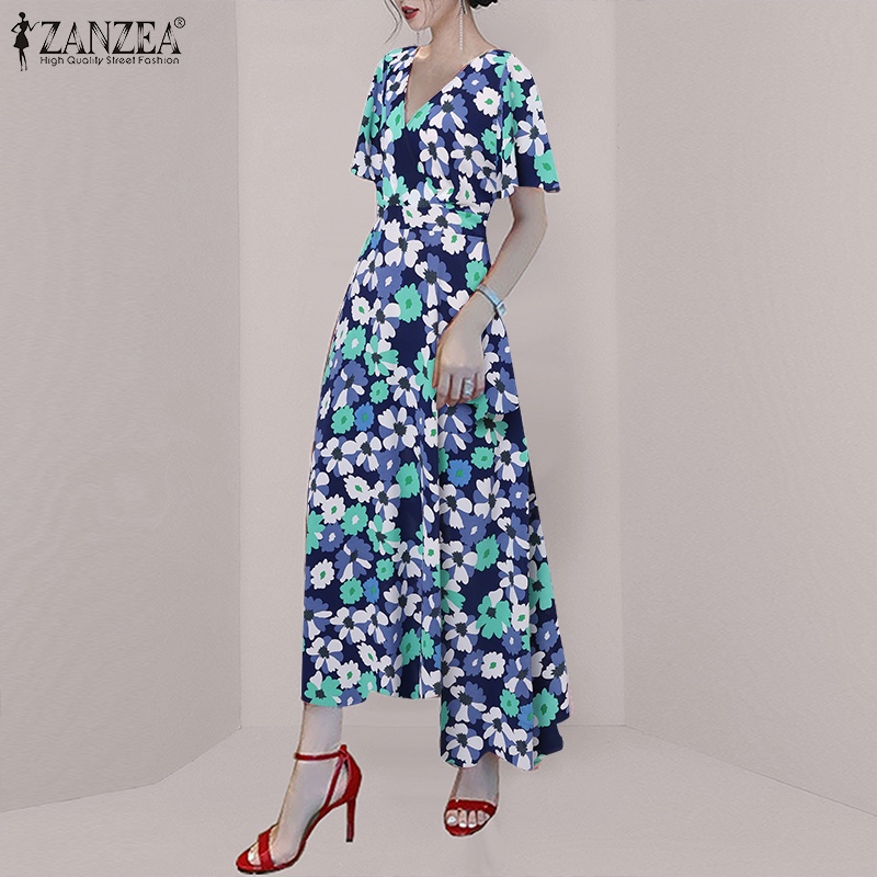 Đầm ZANZEA ngắn tay cổ chữ V in hoa thời trang cho nữ