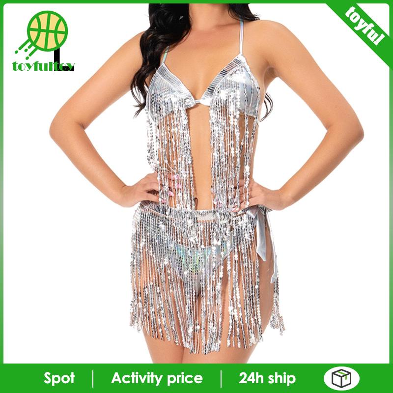 Bộ Đồ Bơi Bikini Phối Tua Rua Đính Kim Sa Lấp Lánh Dành Cho Nữ