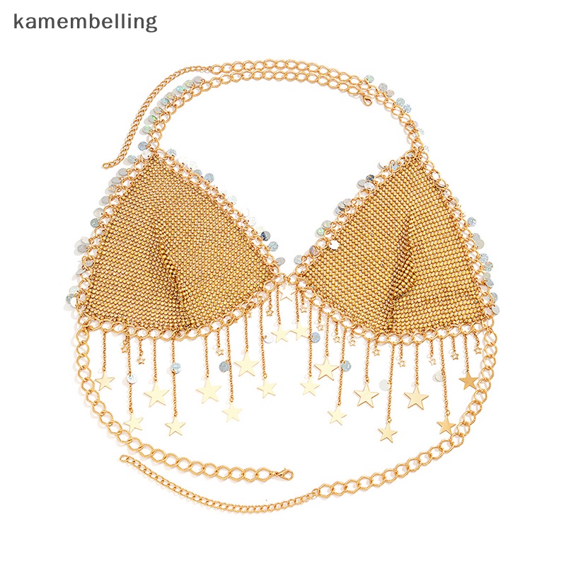 Kamembelling Áo Croptop Dây Xích Hở Lưng Phối Tua Rua Hình Ngôi Sao Đính Đá Lấp Lánh Quyến Rũ Cho Nữ