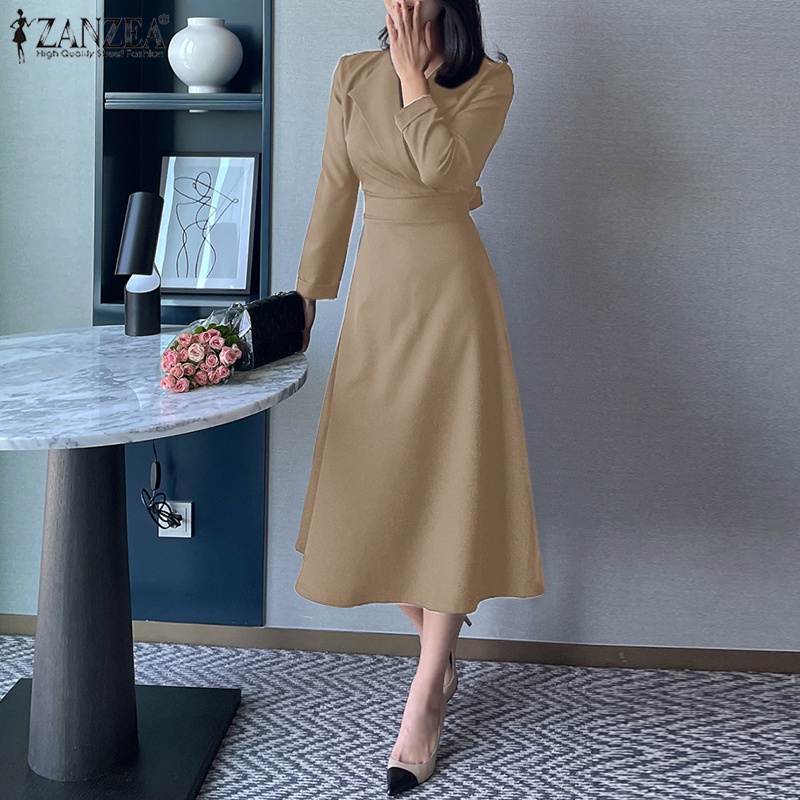 Đầm nữ ZANZEA dáng chữ A tay dài cổ bẻ thời trang phong cách Hàn Quốc