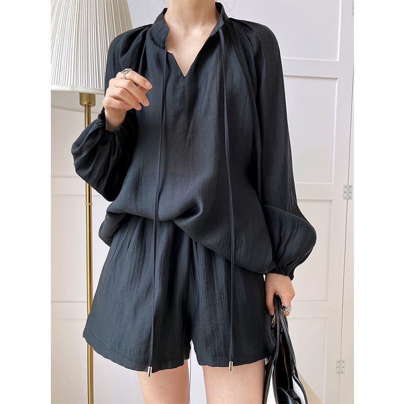 Bộ Áo Sơ Mi Tay Dài Phồng Chống Nắng Phối Quần Short Thời Trang Kiểu Pháp Thời Trang Mùa Hè Cho Nữ