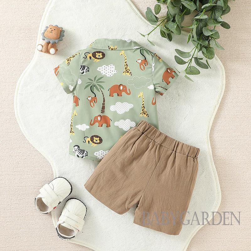 Bộ Áo Sơ Mi Ngắn Tay In Họa Tiết Động Vật + Quần Short Màu Trơn Thời Trang Mùa Hè Cho Bé Trai 6 Tháng-3 Tuổi