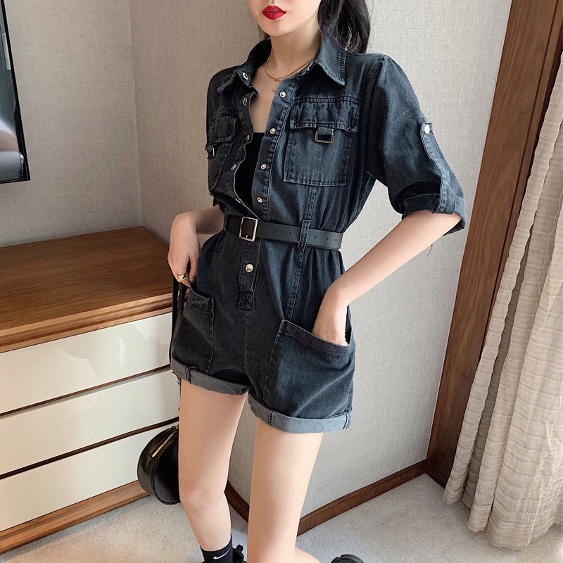 [LININ] Bộ Áo Liền Quần Denim Ngắn Eo Cao Ôm Dáng Có Túi Thời Trang Mùa Hè Cho Nữ