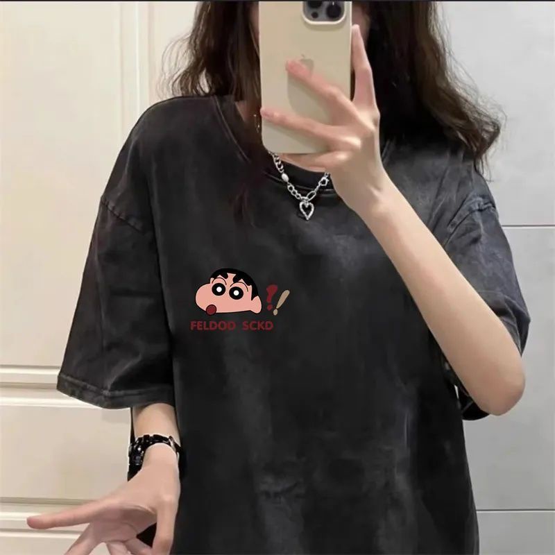 Áo Thun Cotton Tay Ngắn In Họa Tiết Hoạt Hình Cậu Bé Bút Chì Phong Cách Retro
