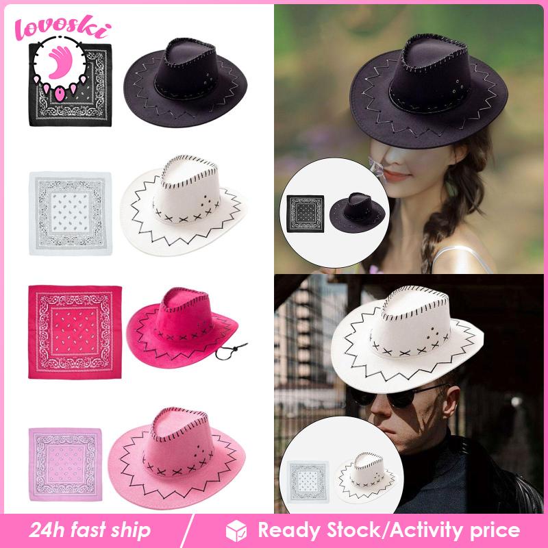 Mũ Cao Bồi Kèm Khăn Bandana Và Dây Buộc Màu Đen Cho Tiệc Tùng