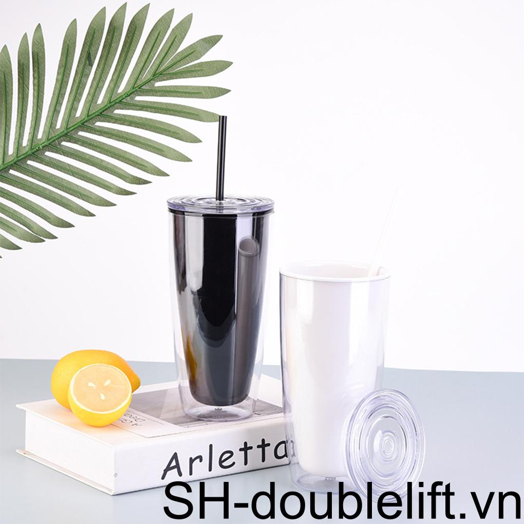 Cốc Uống Cà Phê Hai Lớp Cách Nhiệt 750ml Kèm Nắp Và Ống Hút Kiểu Dáng Đơn Giản