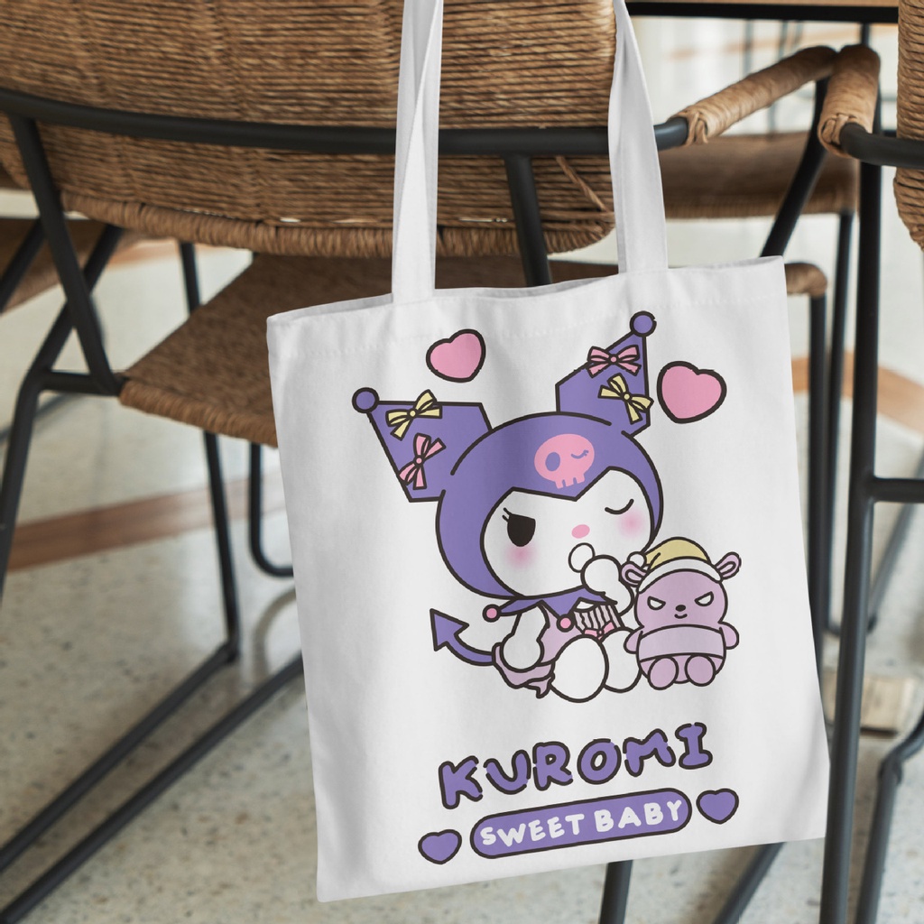 Túi Đeo Vai Vải Canvas Họa Tiết Gấu Và Dâu Tây Dễ Thương Cho Nữ