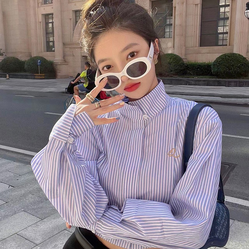 IELGY       Áo Sơ Mi Ngắn Lưng Cao Họa Tiết Kẻ Sọc Thời Trang Cho Nữ