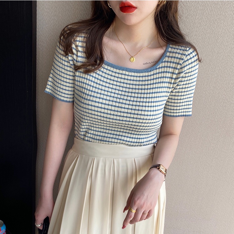 Áo Thun Ngắn Tay Cổ Vuông Dáng Ôm Hoa Văn Kẻ Sọc Thời Trang Dành Cho Nữ