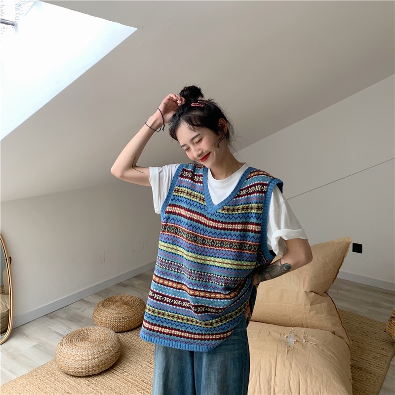 Áo Dệt Kim Sát Nách Dáng Rộng Cổ Chữ V Thời Trang Retro Cho Nữ