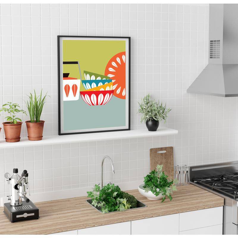 Tranh Treo Tường Vải canvas In Hình Bát Nhà Bếp Scandinavian Nhiều Màu Sắc Dễ Thương