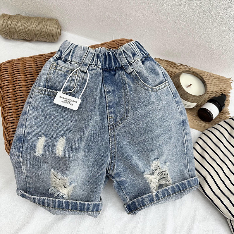 Quần Short Denim Rách Dáng Rộng Thoải Mái Thời Trang Mùa Hè Phong Cách Hàn Quốc Cho Bé Trai