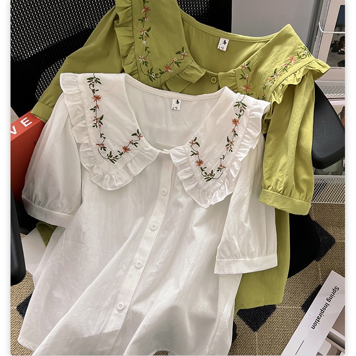Áo Sơ Mi Trắng Tay Ngắn Cổ Búp Bê Thêu Họa Tiết Phong Cách Preppy Ngọt Ngào Thời Trang Mùa Hè Kiểu Mới Cho Nữ