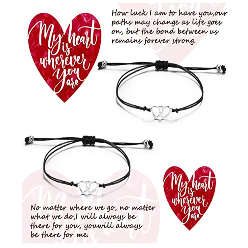 Set 1 / 2 Vòng Tay Dây Bện Mặt Hình Trái Tim Màu Đen