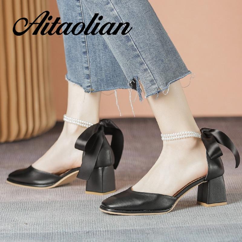 Giày Cao Gót 5cm Da Mềm Mũi Vuông Đính Ngọc Trai Kiểu retro Anh Dễ Thương Cho Nữ