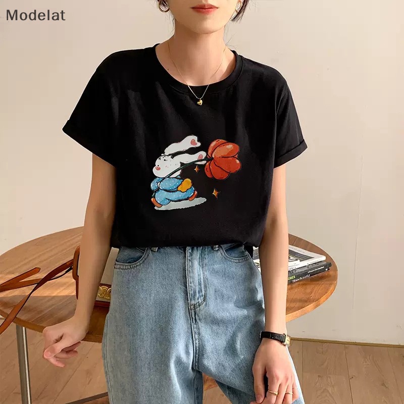 Áo Thun T-shirt Cotton Cổ Tròn Tay Ngắn In Hình Thỏ Mùa Hè Cho Nữ