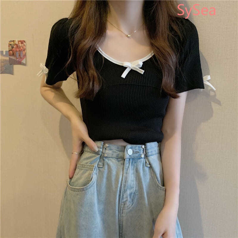 Áo Dệt Kim Ngắn Tay Phối Nơ Xinh Xắn Theo Phong Cách Hàn Quốc Dành Cho Nữ