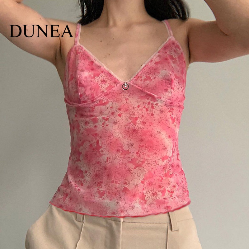 DUNEA Áo Tank Top Cổ Chữ V Phối Lưới Họa Tiết Hoa Quyến Rũ Cho Nữ