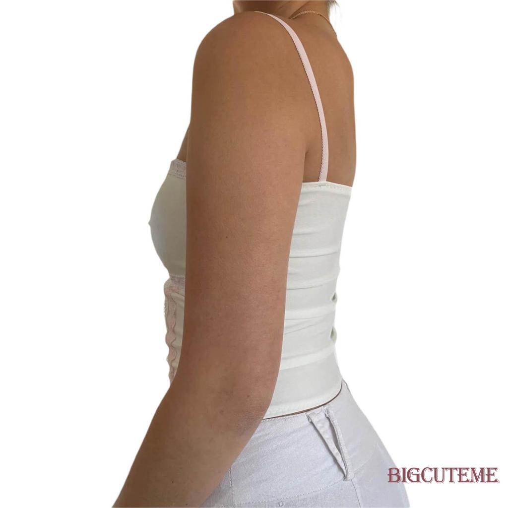 [] - Áo Crop Top Không Tay Phối Ren Màu Trắng Phong Cách Đường Phố Dự Tiệc Thường Ngày Cho Nữ