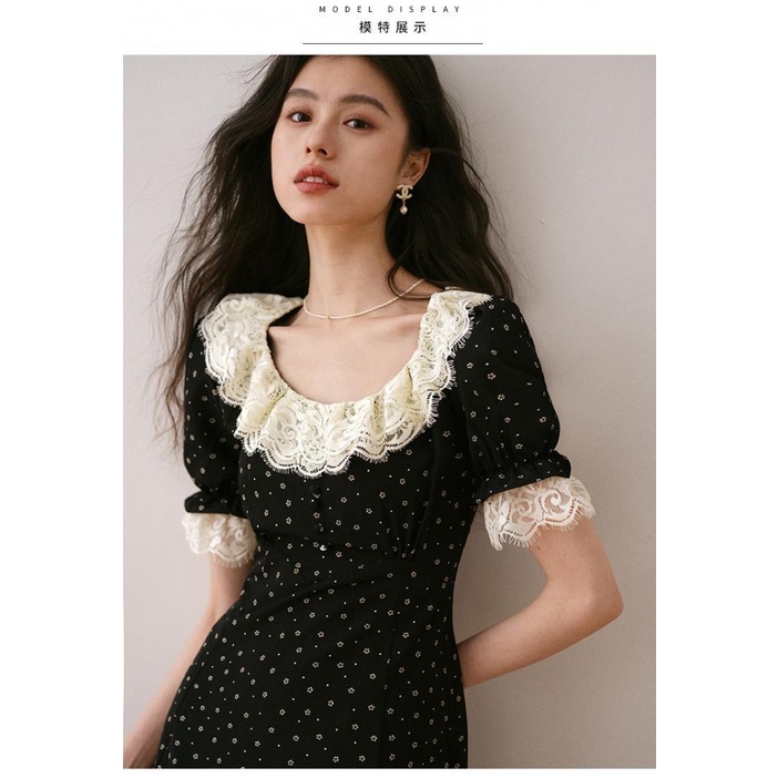 Đầm Tay Ngắn Cổ Lá Sen Màu Đen Phong Cách Pháp Thời Trang Mùa Hè 2023 LT4S