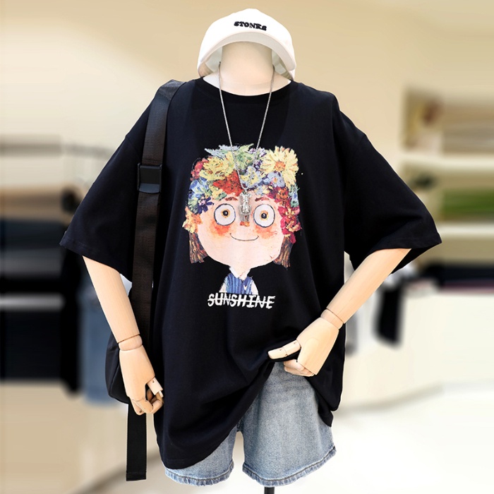 Áo Thun 100% Cotton Tay Ngắn Cổ Tròn In Họa Tiết Phong Cách Hàn Quốc Cho Nữ