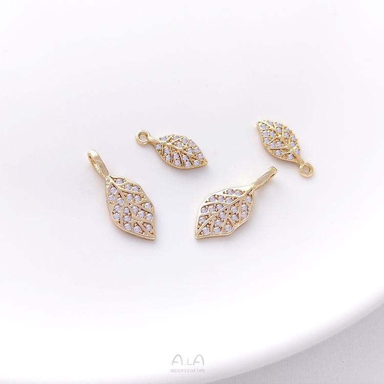 Mặt Dây Chuyền / Vòng Tay / Khuyên Tai Bằng Vàng 14K Đính Đá Zircon Hình Chiếc Lá Nhỏ diy