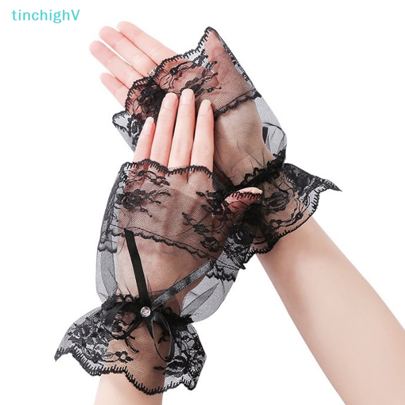 Găng Tay Ren Hở Ngón Đính Đá Màu Đen Cho Nữ [TinchighV] [TinchighV]