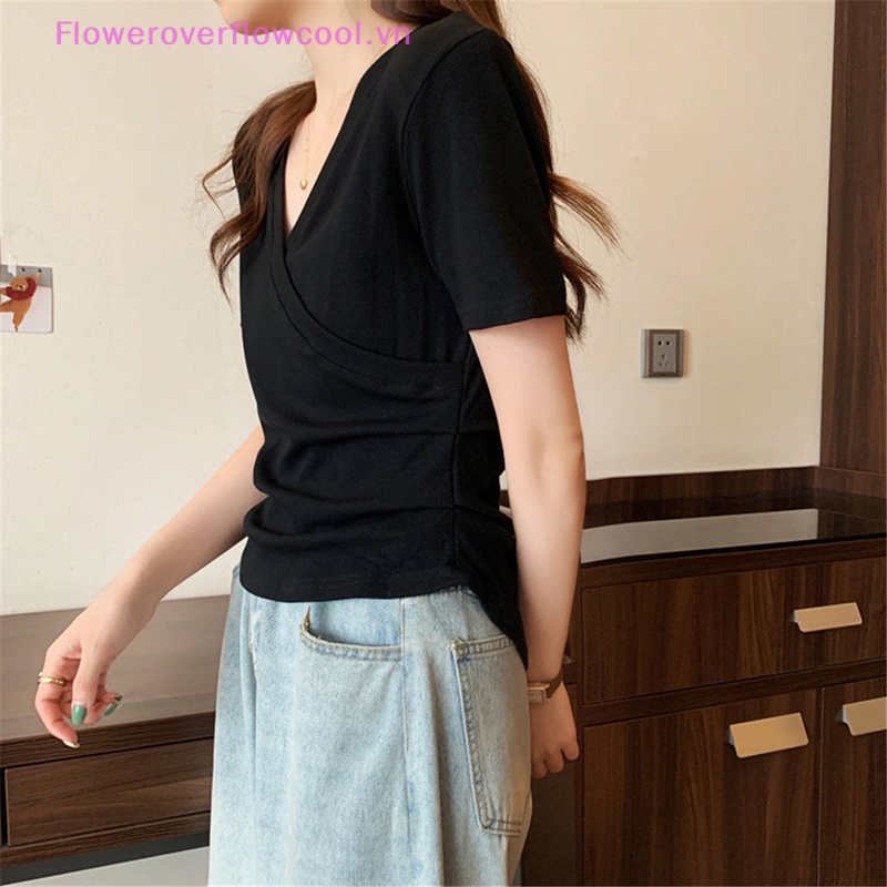 FOFC Summer Sexy Crossed V-neck T-shirt Women Solid Color Short Sleeve Slim T Shirt HOT